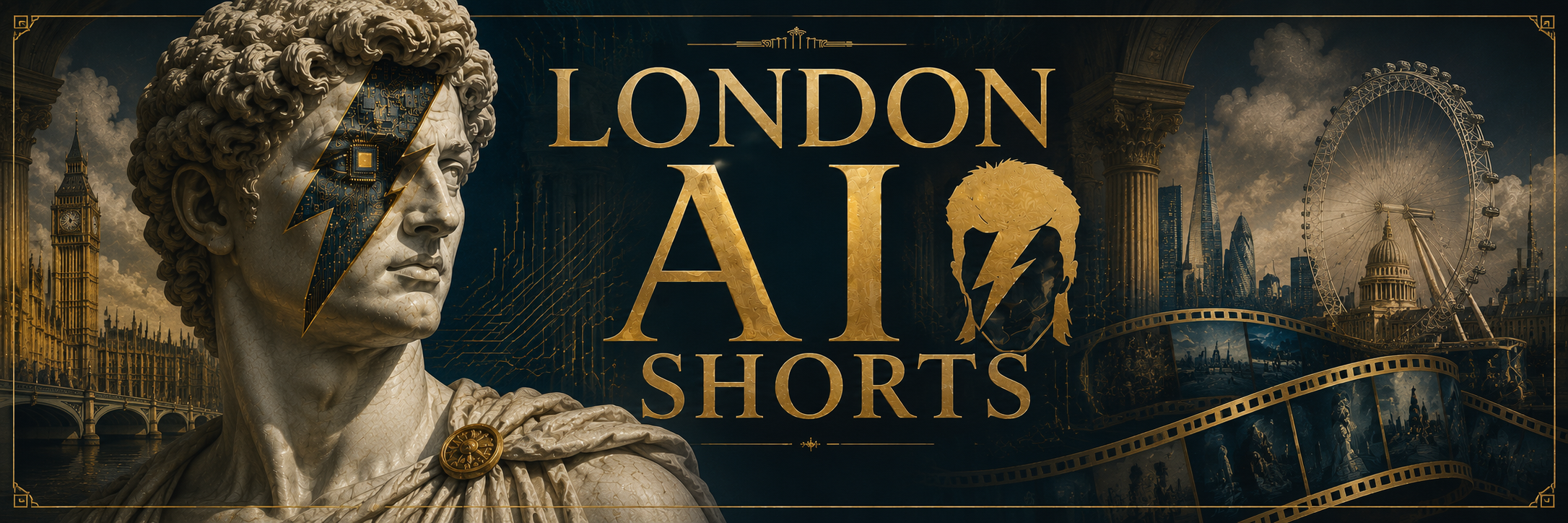 London AI Shorts — classical statue with Aladdin Sane lightning bolt over a London skyline